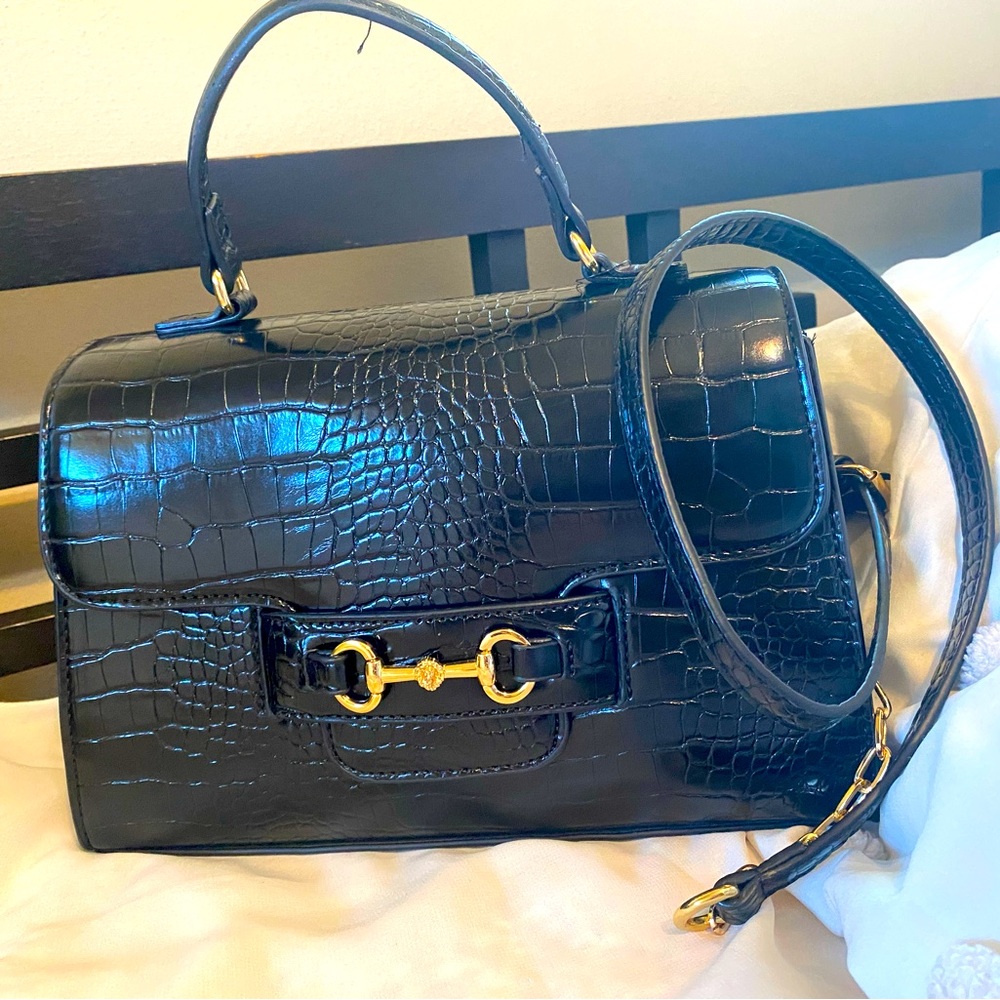 Anne Klein black crocodile pattern handbag